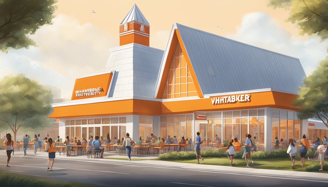 A bustling Whataburger University campus with iconic orange and white buildings, students enjoying meals, and the signature A-frame roof of the main building