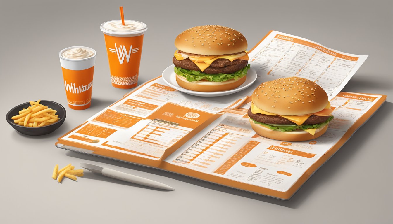 A table with a variety of Whataburger menu items, surrounded by nutritional information charts and graphs