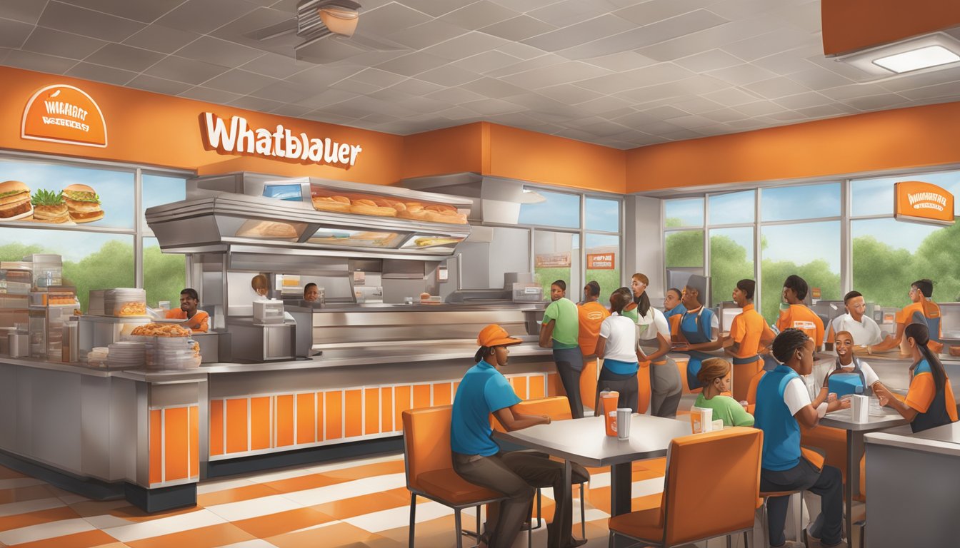 A bustling Whataburger restaurant with employees working together in a fast-paced, friendly environment