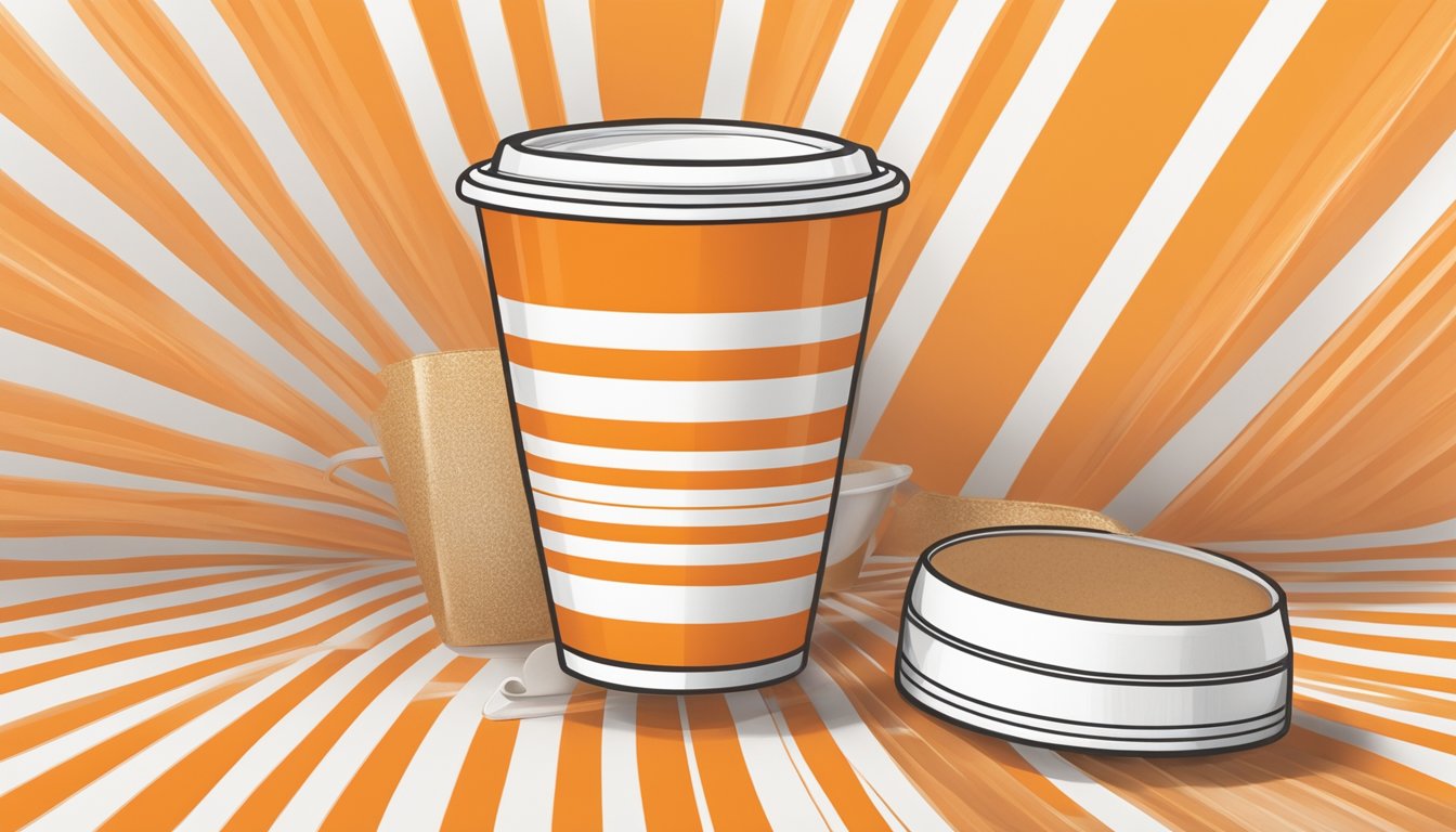 A Whataburger cup surrounded by branded merchandise, set against a backdrop of the iconic orange and white striped design