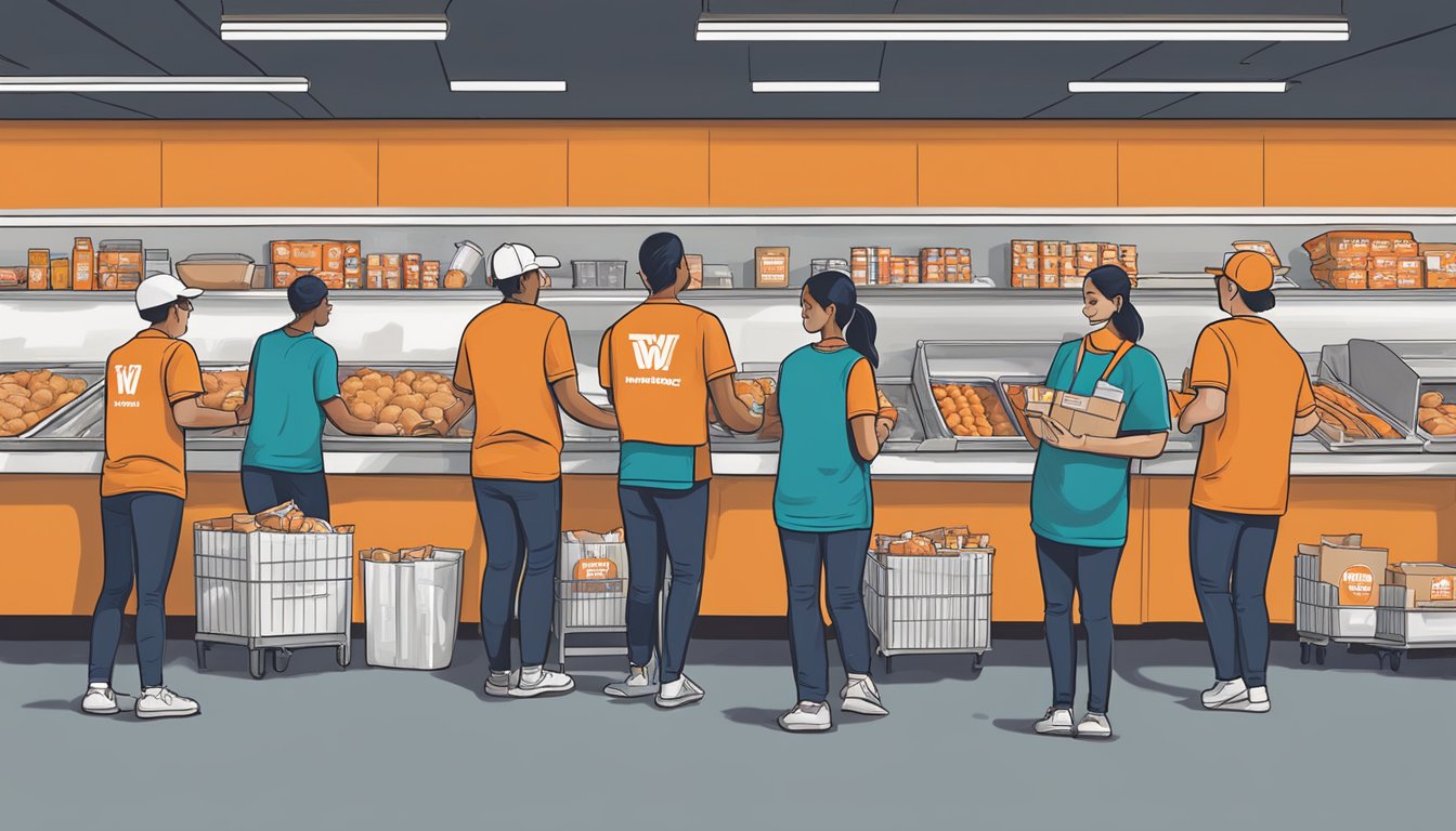 The university of Whataburger's corporate responsibility: employees volunteering at a local food bank, packaging and distributing meals