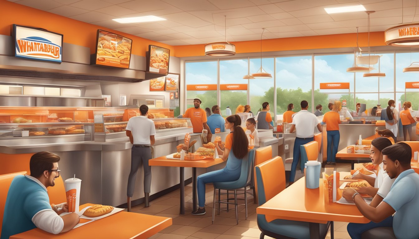 A bustling Whataburger restaurant with smiling customers and employees, enjoying delicious food and a welcoming atmosphere