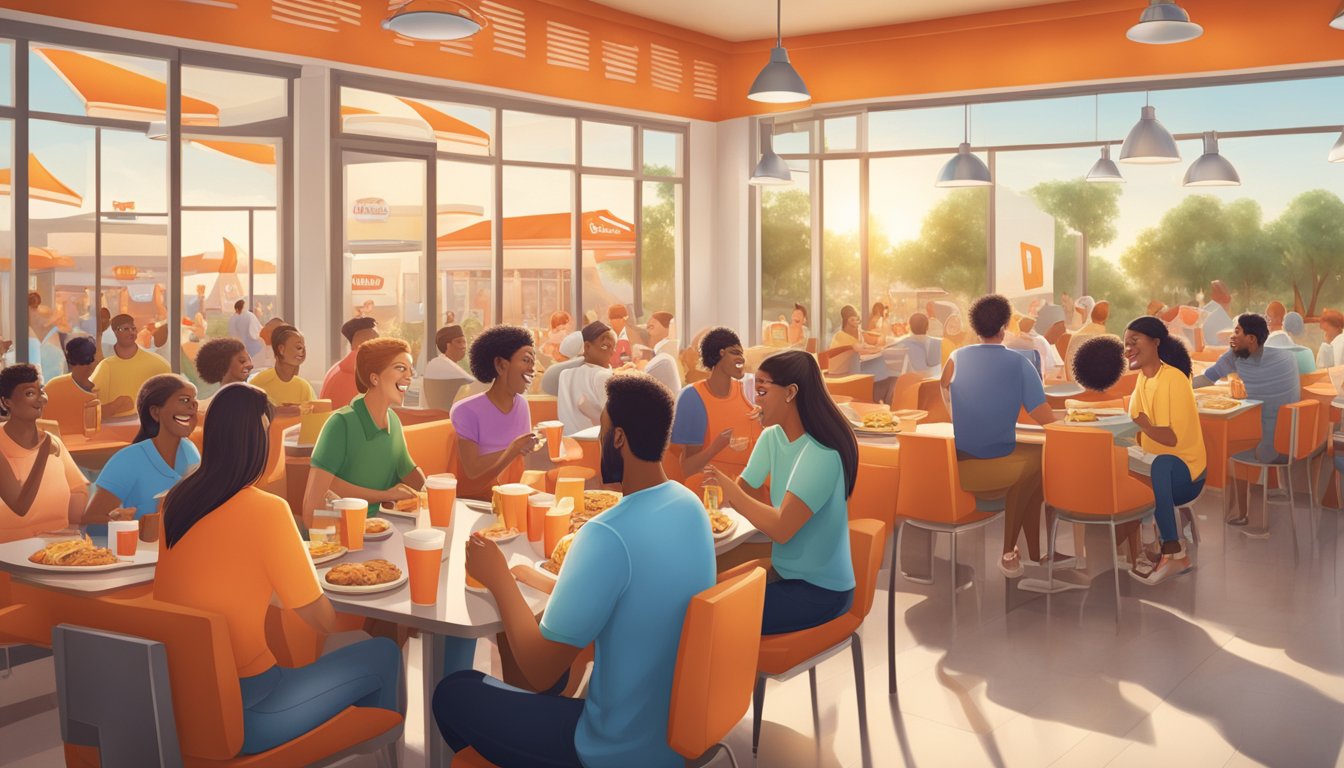 A Whataburger cup surrounded by happy customers enjoying their meals at a lively fast-food restaurant