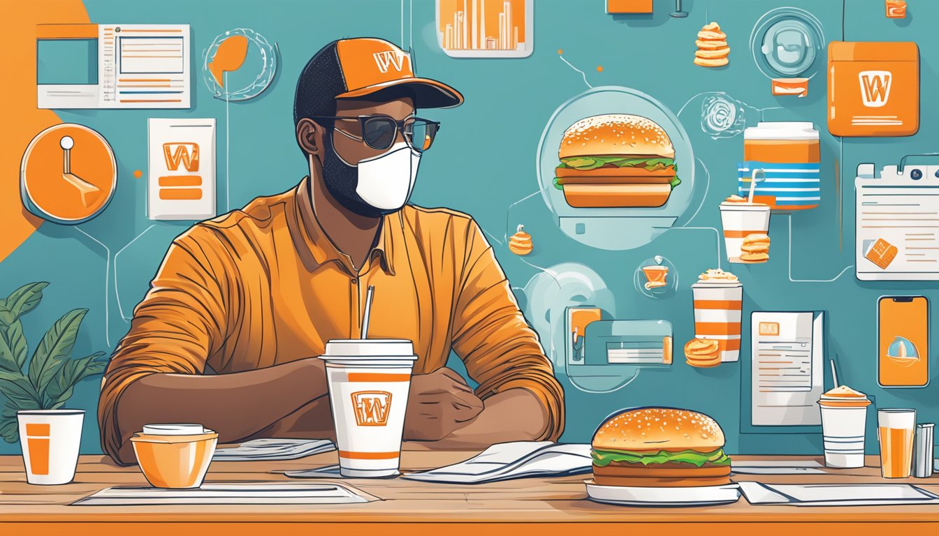 A person sitting at a table with a Whataburger cup, while digital privacy and advertising icons float around them