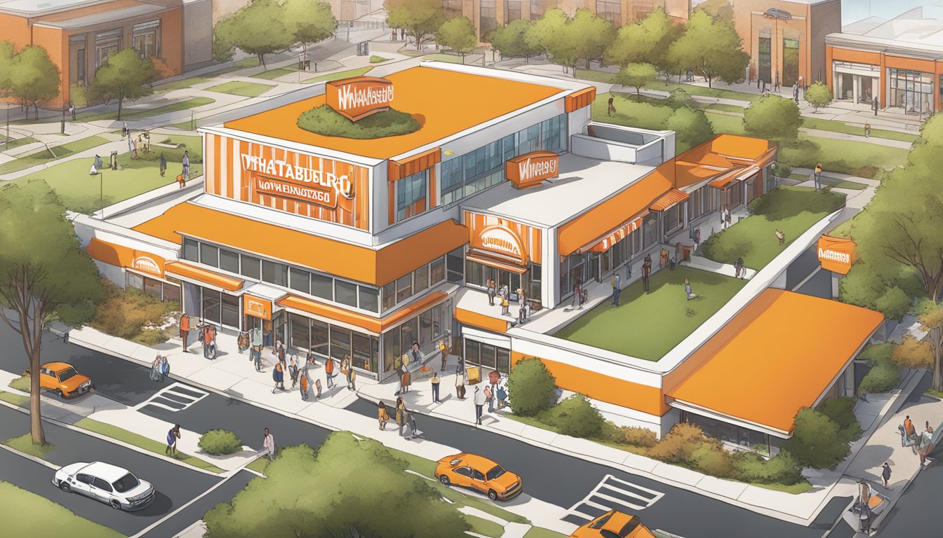 A bustling campus with students engaging in branding and marketing activities, surrounded by iconic Whataburger signage and imagery