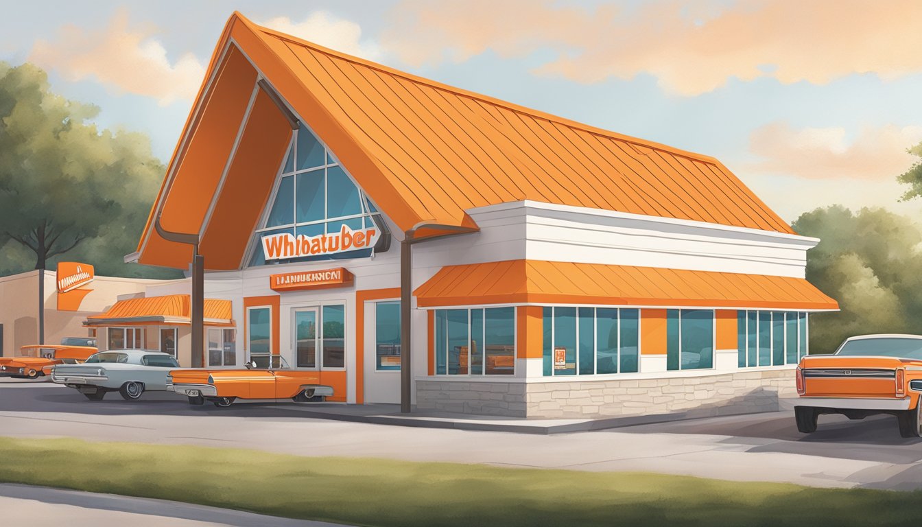 A bustling Whataburger restaurant in Florence, AL, with a classic A-frame design, vibrant orange and white color scheme, and a drive-thru window