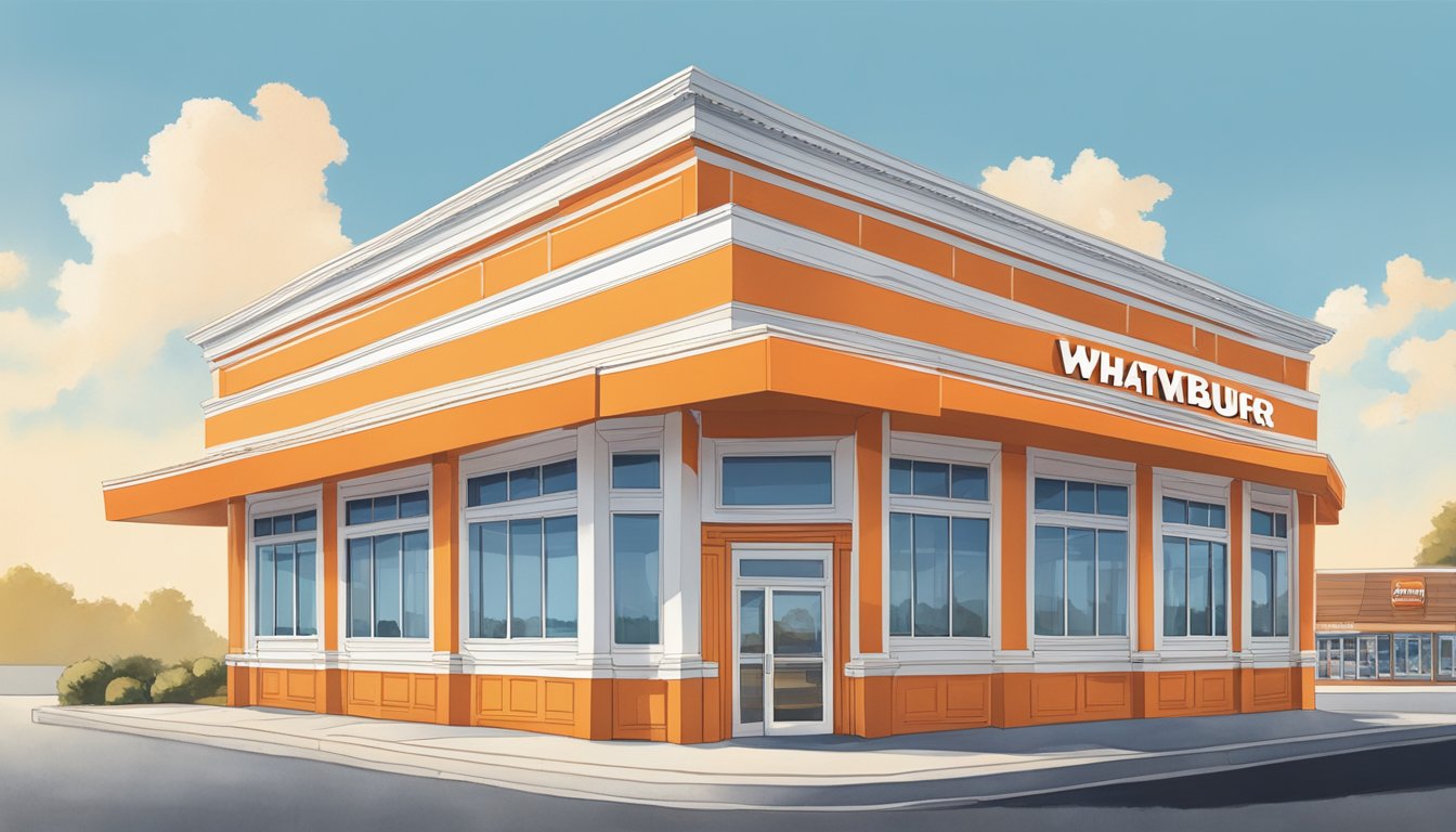 The iconic orange and white striped building of Whataburger stands against the backdrop of a clear blue sky in Florence, Alabama