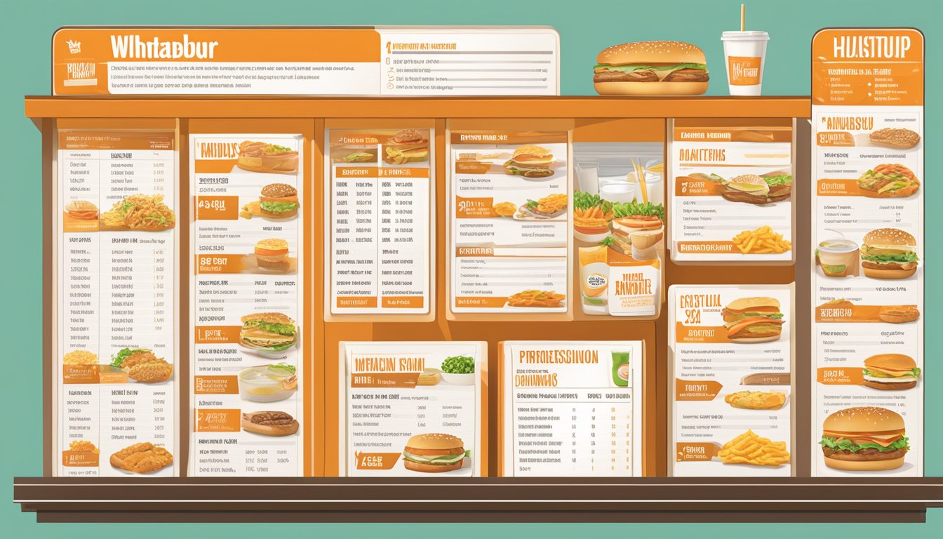 A table with a variety of Whataburger menu items and nutritional information displayed on a digital screen