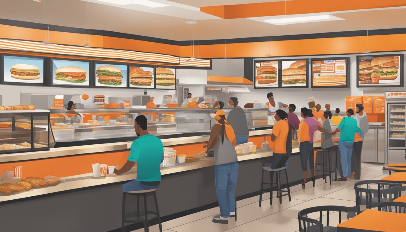 A bustling WhatABurger in Florence, AL, with customers enjoying their meals and redeeming loyalty rewards at the counter