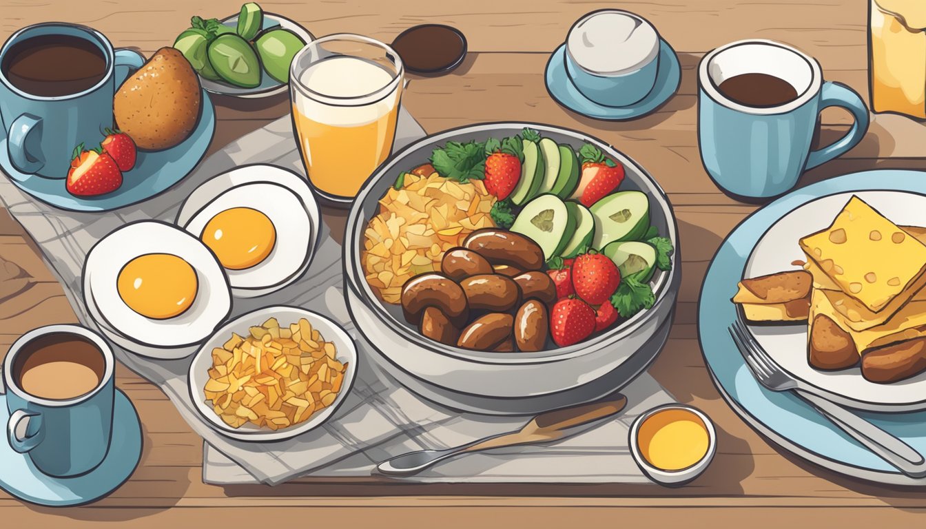 A breakfast bowl with eggs, sausage, cheese, and hash browns, surrounded by fresh fruits and a cup of coffee, with a "Dietary Considerations" label