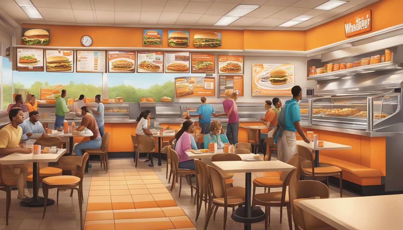 A bustling Whataburger restaurant with a prominent menu board and customers enjoying their meals