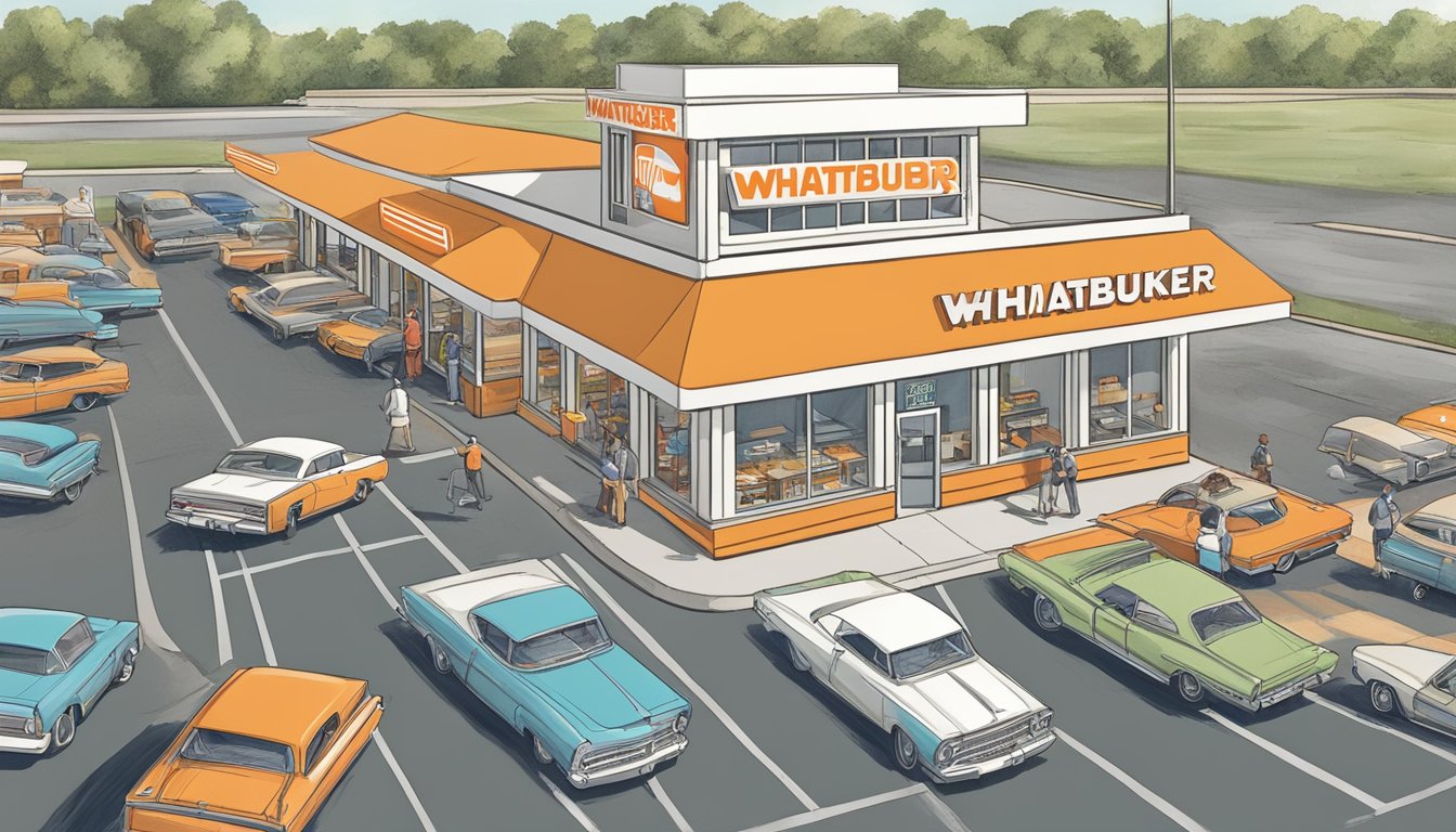 A bustling Whataburger in Florence, AL, with a line of cars at the drive-thru and customers dining inside, while nearby competitors appear less busy