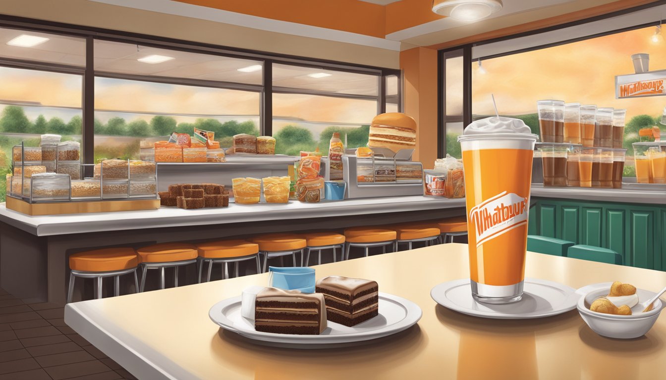 A table with a variety of beverages and desserts at a Whataburger in Florence, Alabama