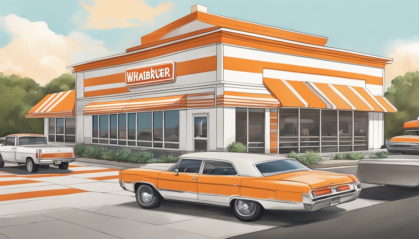 A bustling Whataburger restaurant in Mauldin, SC, with a drive-thru line, outdoor seating, and the iconic orange and white striped building