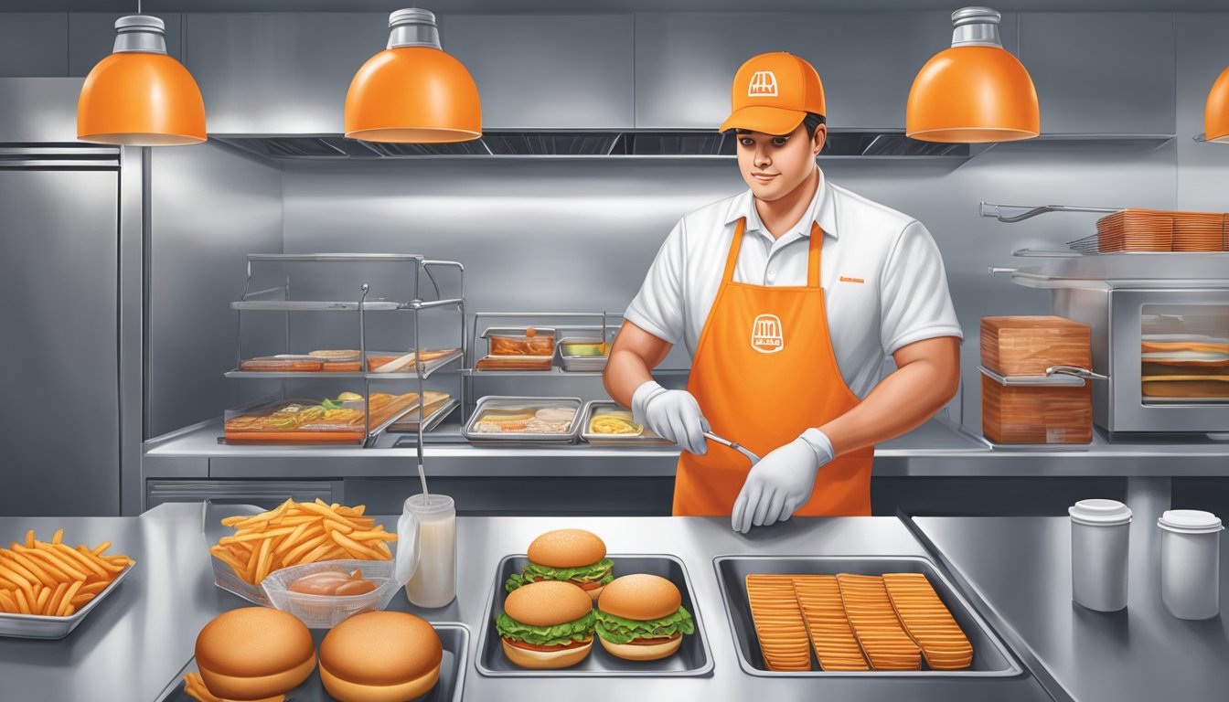 A Whataburger employee prepares lunch items in the early morning, stocking the kitchen with burgers, fries, and drinks