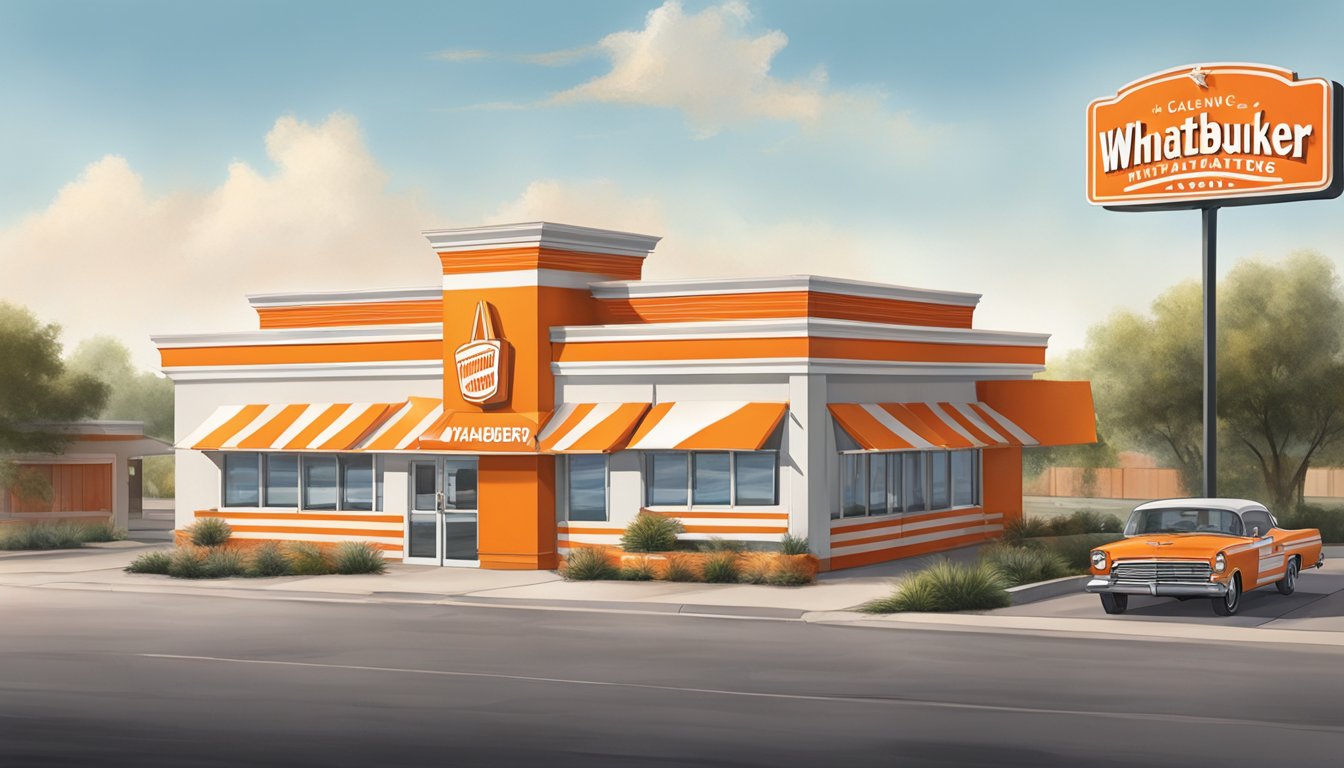 A classic Whataburger restaurant in Abilene, TX, with a bright orange and white striped building, a drive-thru lane, and a large outdoor sign