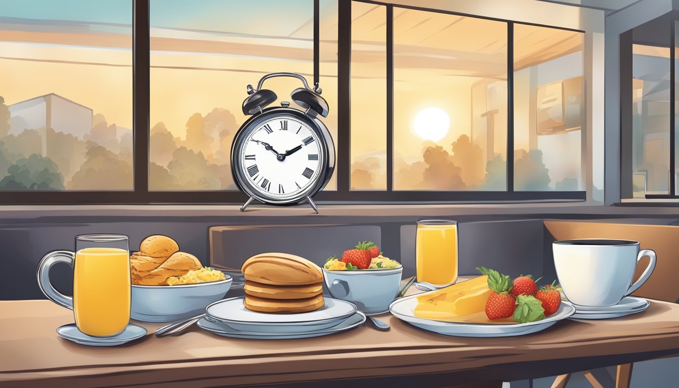 A breakfast menu with a clock showing the time as late morning, while a lunch menu is being set up in the background