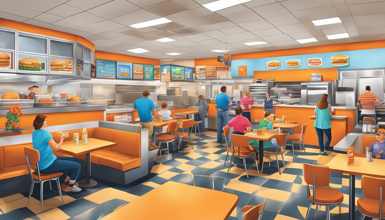 A bustling Whataburger restaurant in Abilene, Texas, with a colorful dining area, busy kitchen, and customers enjoying their meals