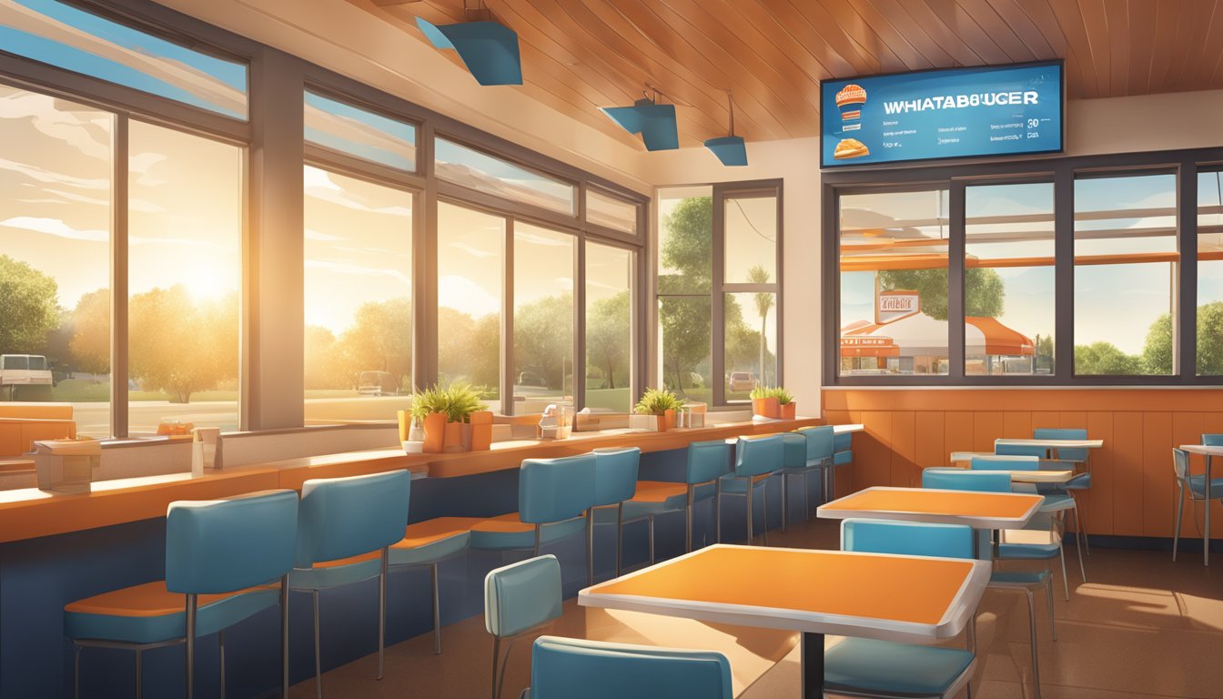 A Whataburger restaurant with a breakfast menu displayed while the morning sun shines through the windows