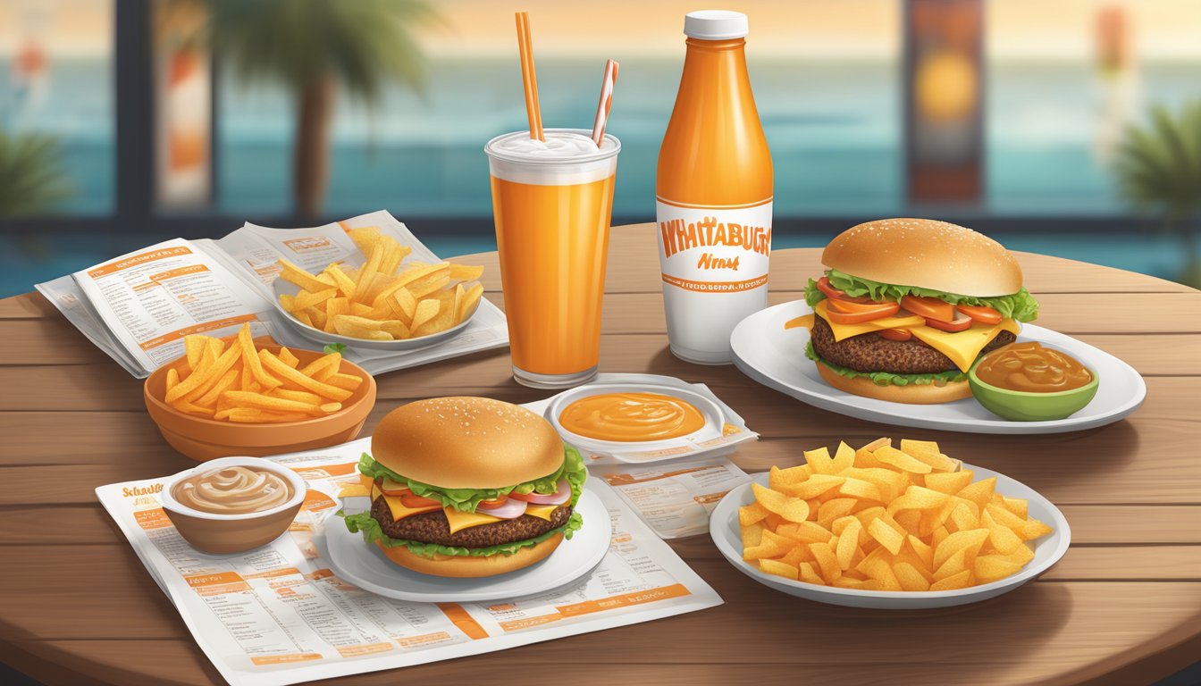 A table with a Whataburger menu, including nutritional information, surrounded by condiments and a drink