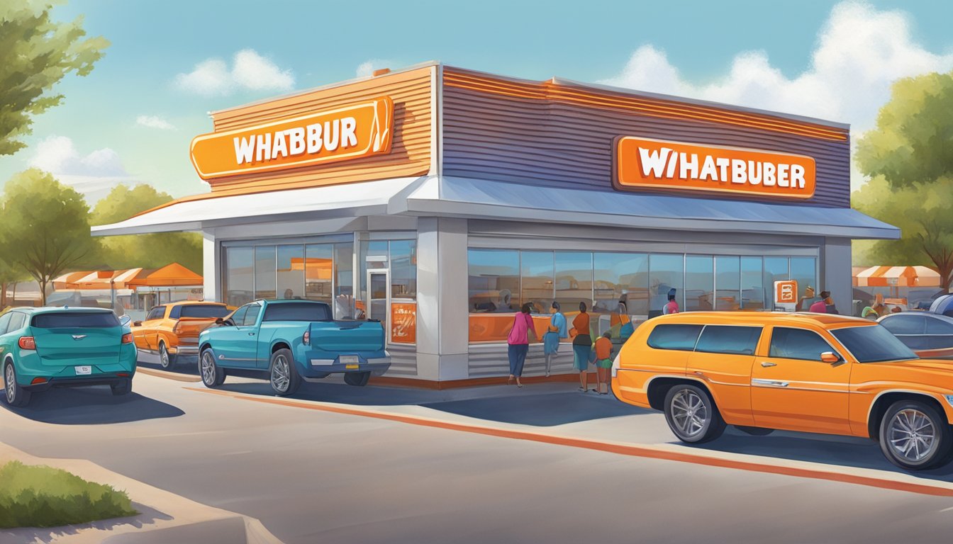 A bustling Whataburger in Abilene, TX with cars lined up at the drive-thru, a colorful sign, and busy workers inside