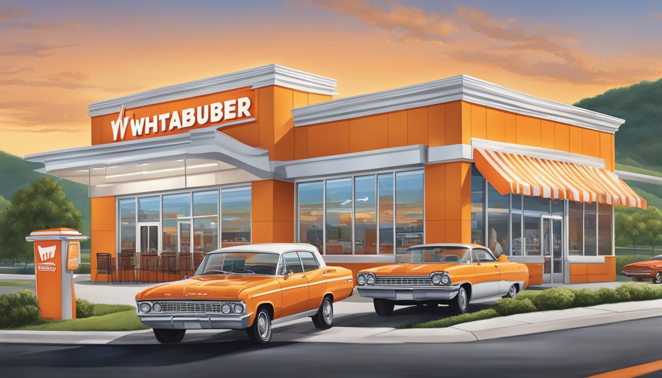 A bustling Whataburger restaurant with the iconic orange and white striped building, drive-thru lanes, and outdoor seating, set against a backdrop of rolling Virginia hills