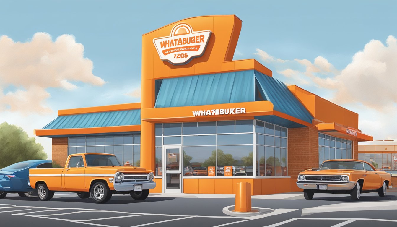 A bustling WhatABurger restaurant in Abilene, TX with colorful promotional signs and deals displayed on the windows and entrance. The parking lot is full of cars