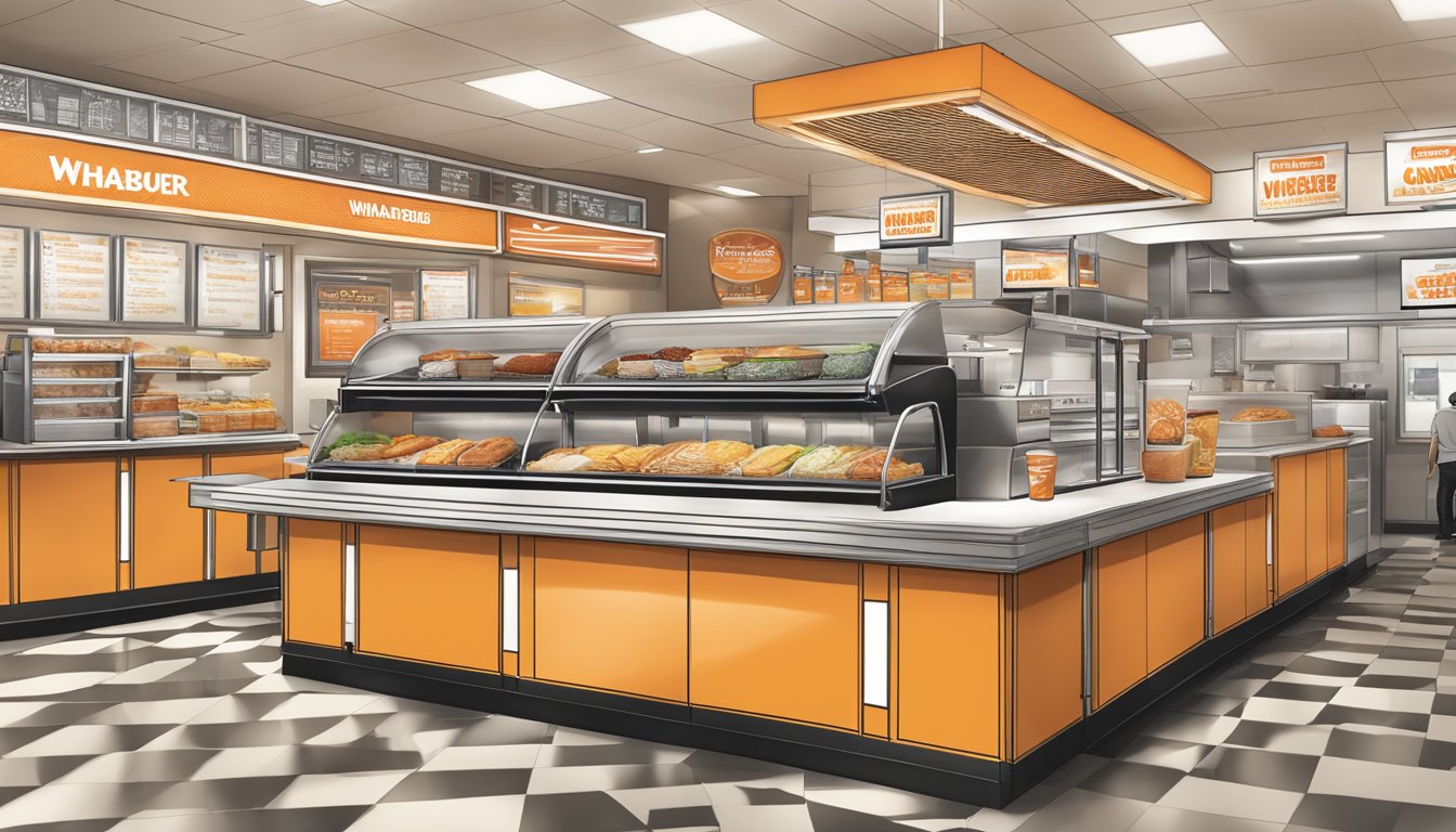 A Whataburger restaurant with breakfast and lunch menu items displayed on the menu board, while customers order from the counter