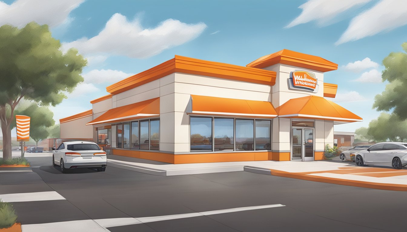 A bustling Whataburger restaurant in Abilene, TX, with a colorful exterior, iconic orange and white striped roof, and a drive-thru lane