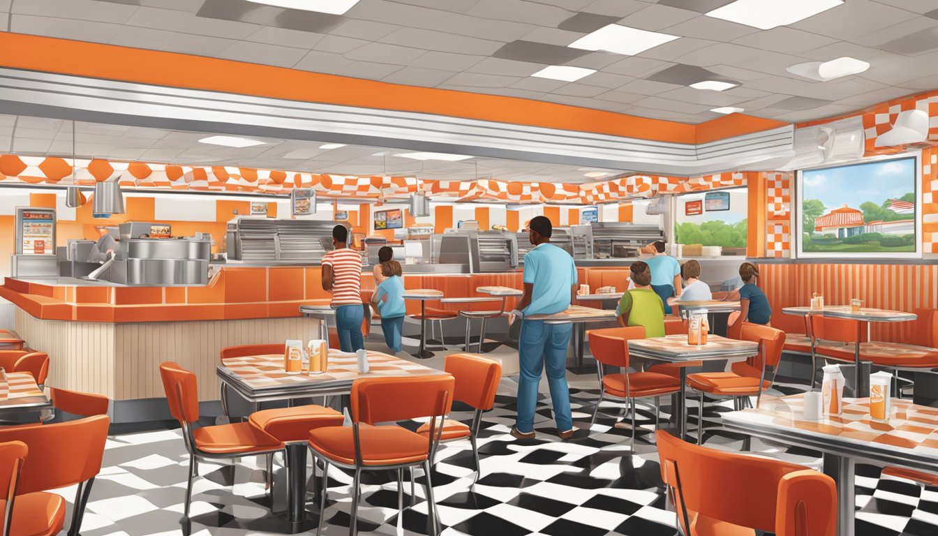 A bustling Whataburger restaurant in Virginia, with patrons enjoying their meals at red and white checkered tables