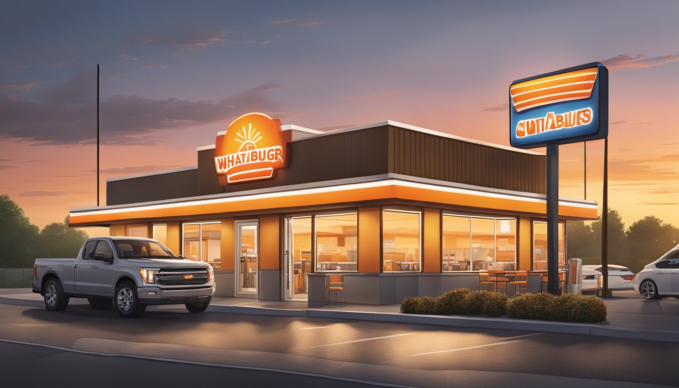 The sun rises over a Whataburger restaurant, where the drive-thru is already bustling with customers ordering lunch items in the early morning