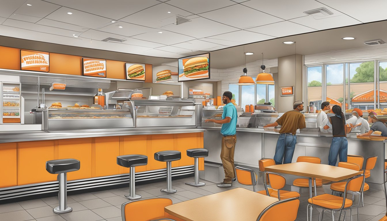 The Whataburger in Virginia is open for business, with customers ordering at the counter or through the drive-thru. The restaurant is bustling with activity as staff members prepare and serve delicious meals