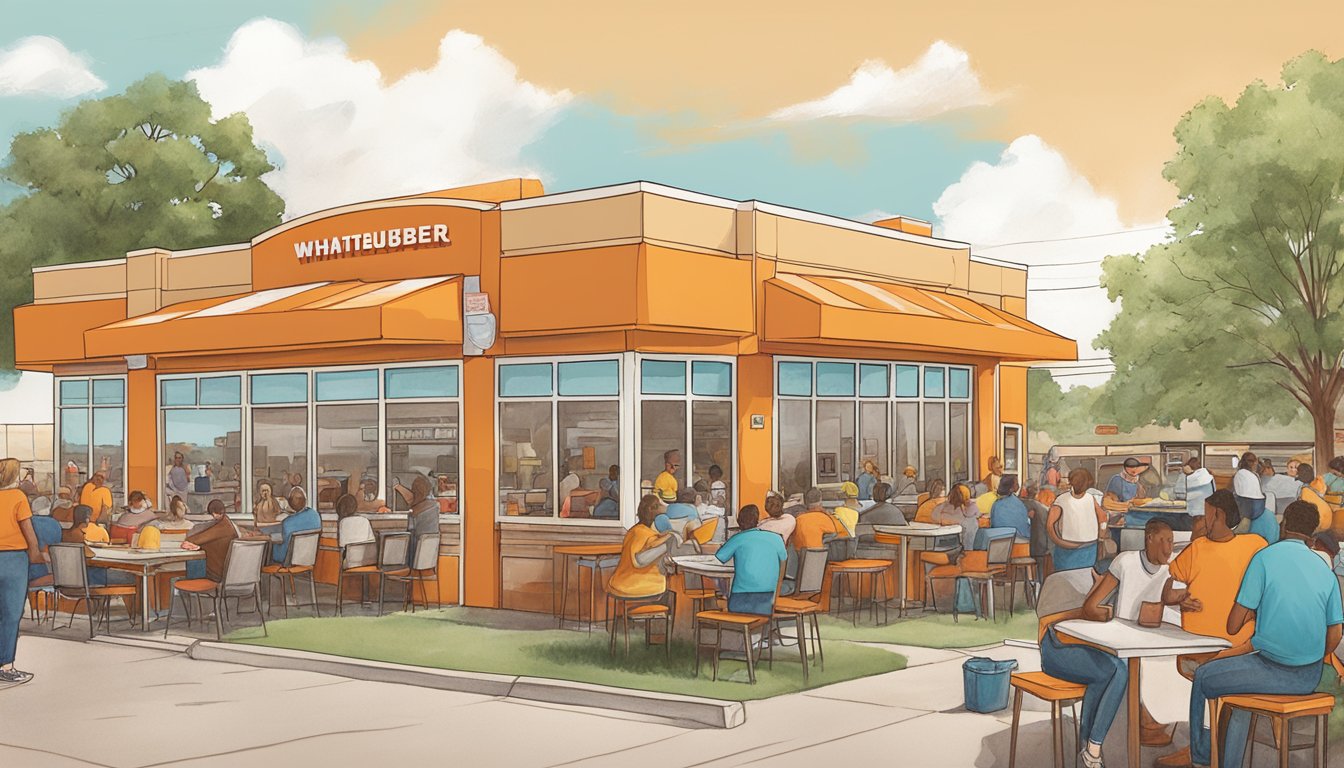 A bustling Whataburger in Abilene, TX with locals participating in a community event outside the restaurant. Tables filled with people enjoying their meals