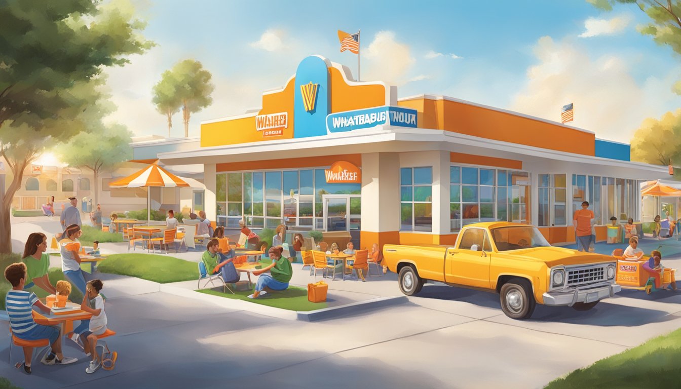 A sunny morning at Whataburger, with a colorful play area and families enjoying breakfast and lunch options together