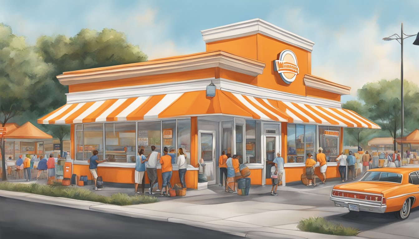 The WhatABurger in Virginia bustling with activity as locals gather and interact with the staff, while the iconic orange and white building stands out against the backdrop of the community