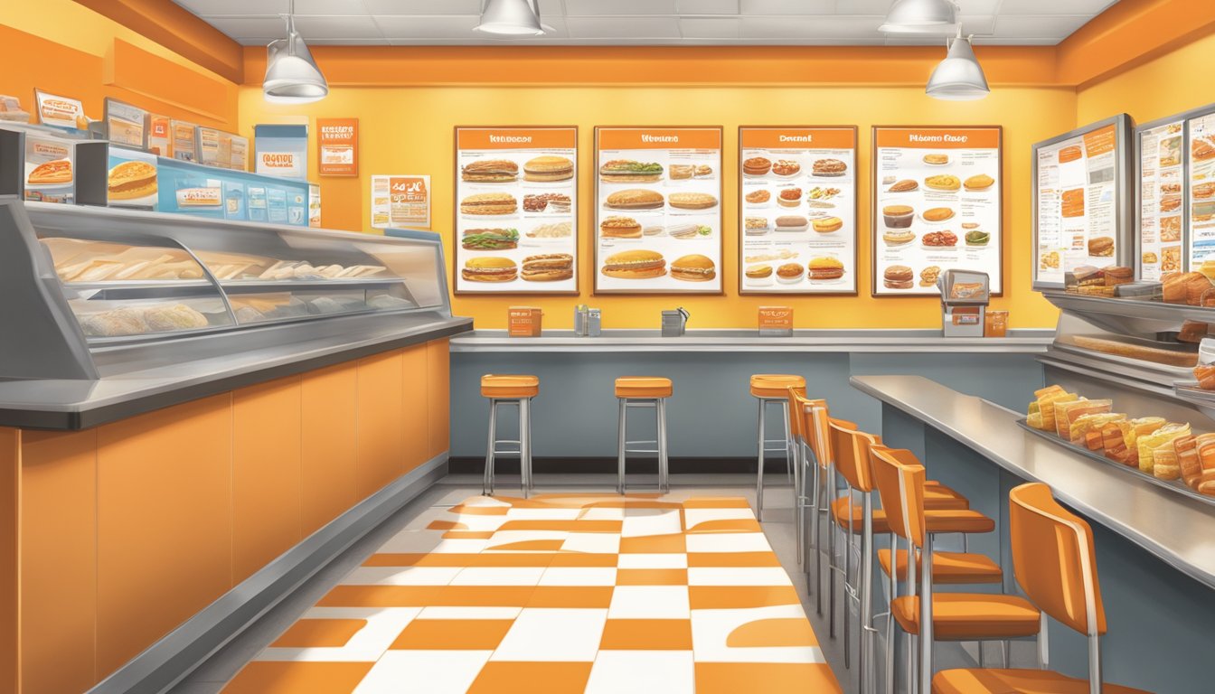 A sunny morning scene at Whataburger, with breakfast and lunch items displayed on the menu board, as customers order from the counter