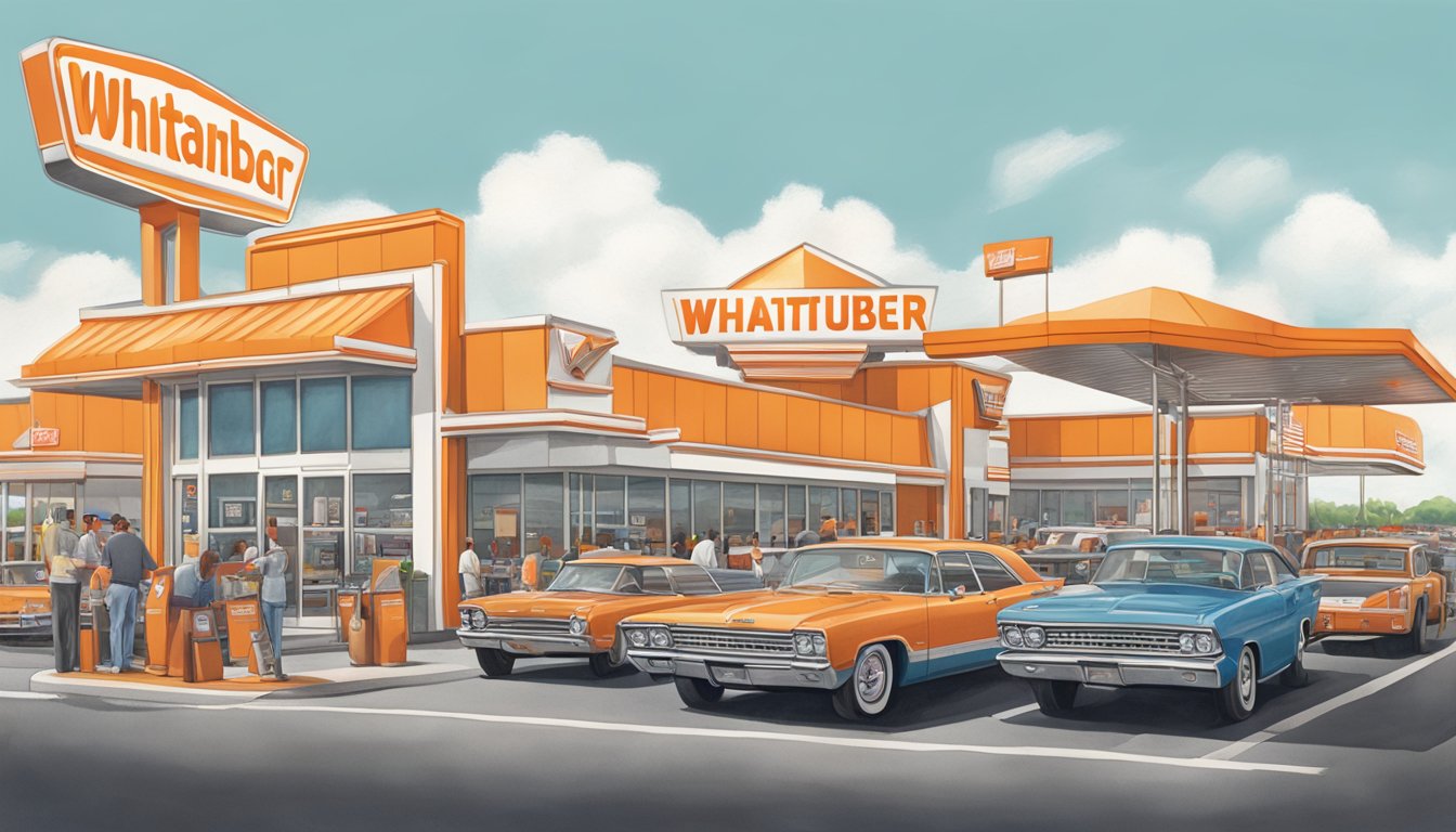 A crowded Whataburger sign towering over a bustling Virginia fast food strip, with cars lined up at the drive-thru and customers entering the restaurant