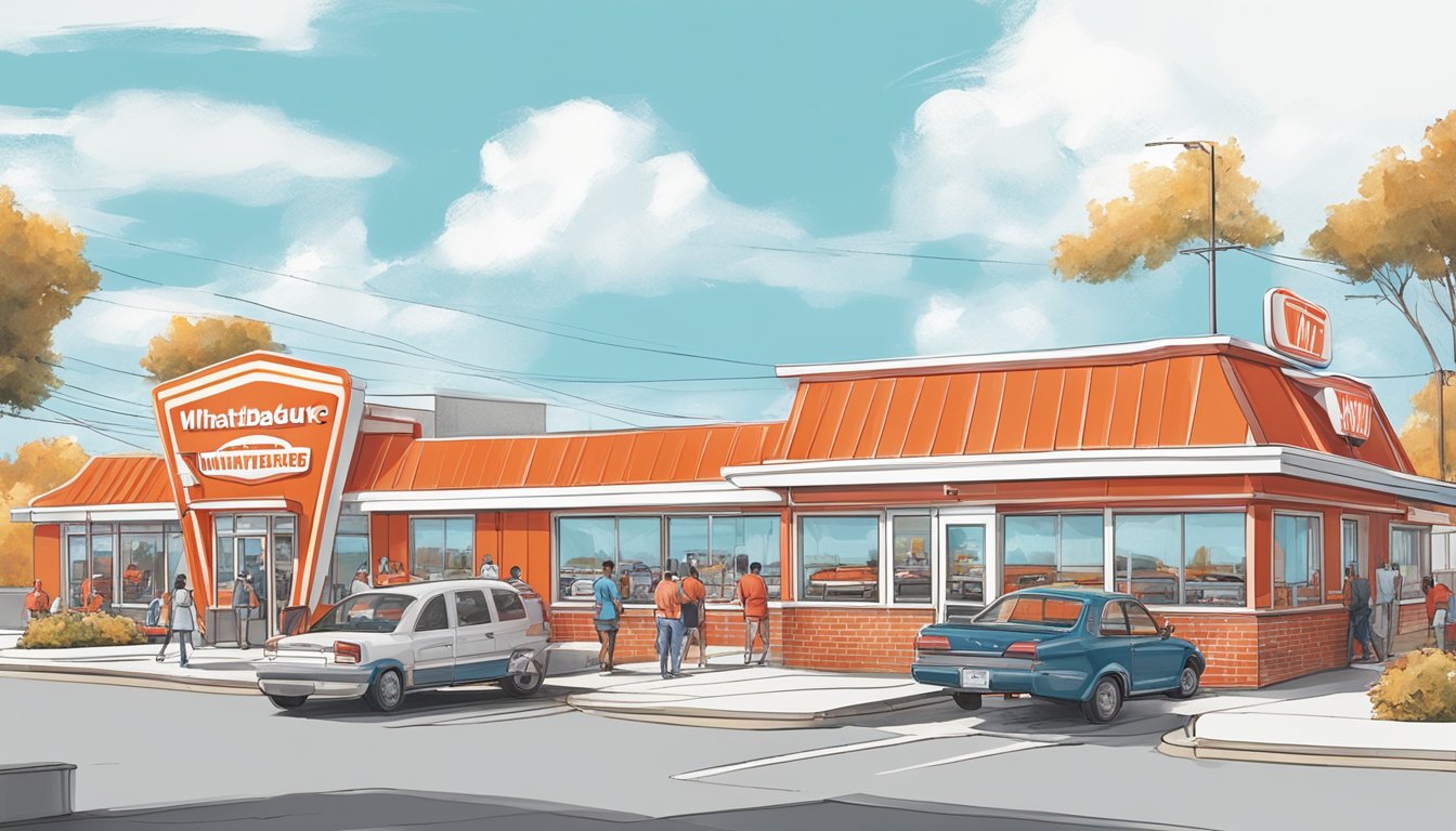 A bustling Whataburger restaurant in Virginia, with a bright red and white exterior, a drive-thru, and a busy parking lot