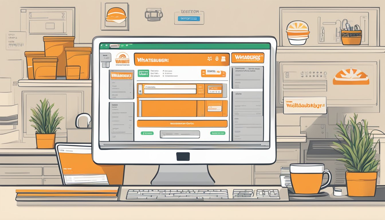 A computer screen with the Whataburger employee login page displayed, showing the dashboard with various navigation options