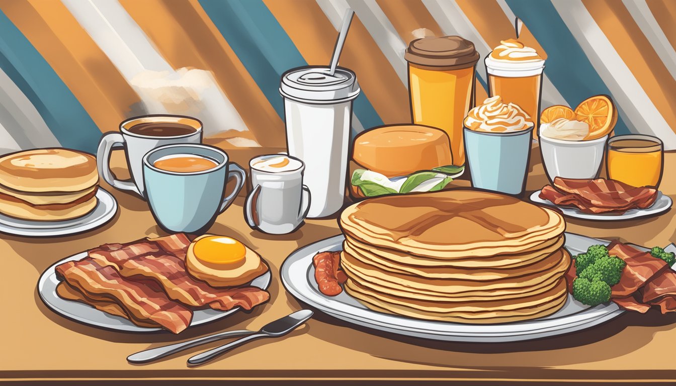 A table set with a variety of breakfast items, including pancakes, eggs, bacon, and coffee, with the Whataburger logo in the background