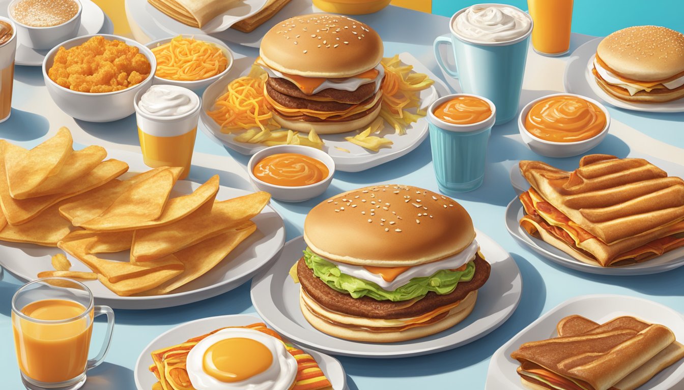 A sunny morning with a colorful array of Whataburger's breakfast items displayed on a table, including pancakes, taquitos, and breakfast sandwiches