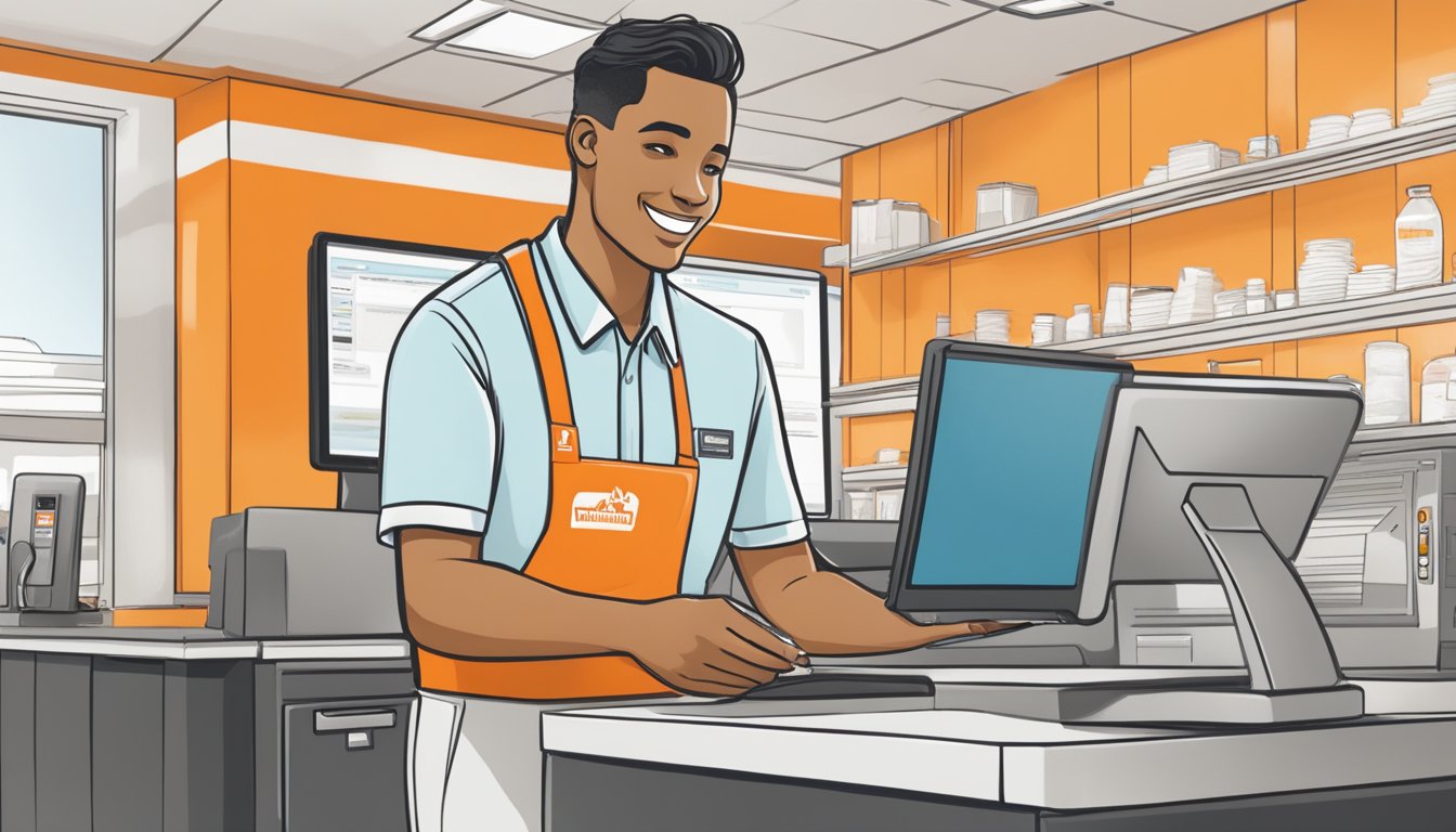 An employee at Whataburger uses a digital device to access paperless employee services and support