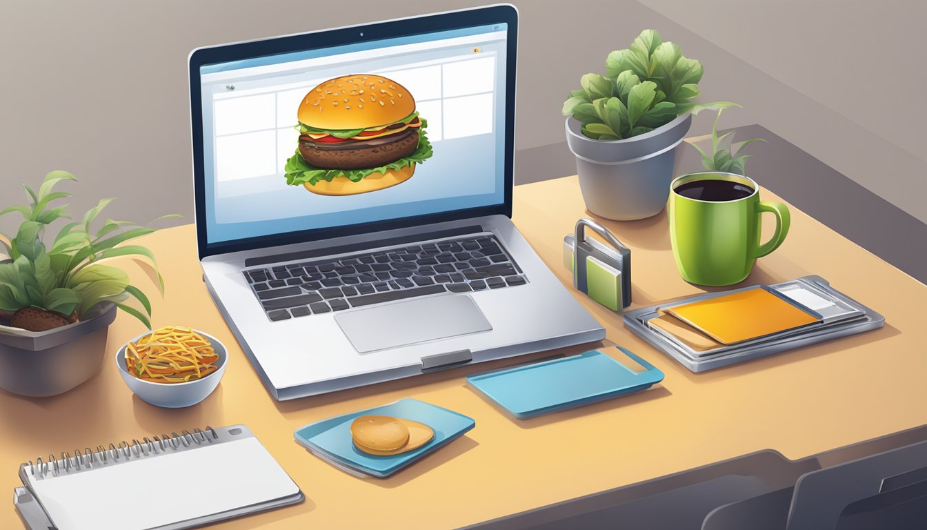 An office desk with a laptop, secure lock icon, and a hamburger on a tray