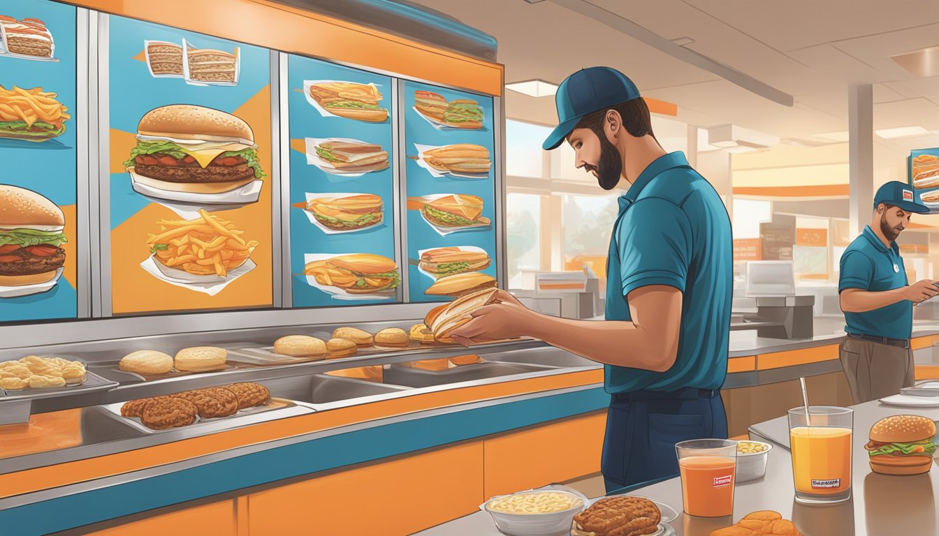 A person selecting a breakfast burger from a Whataburger menu board