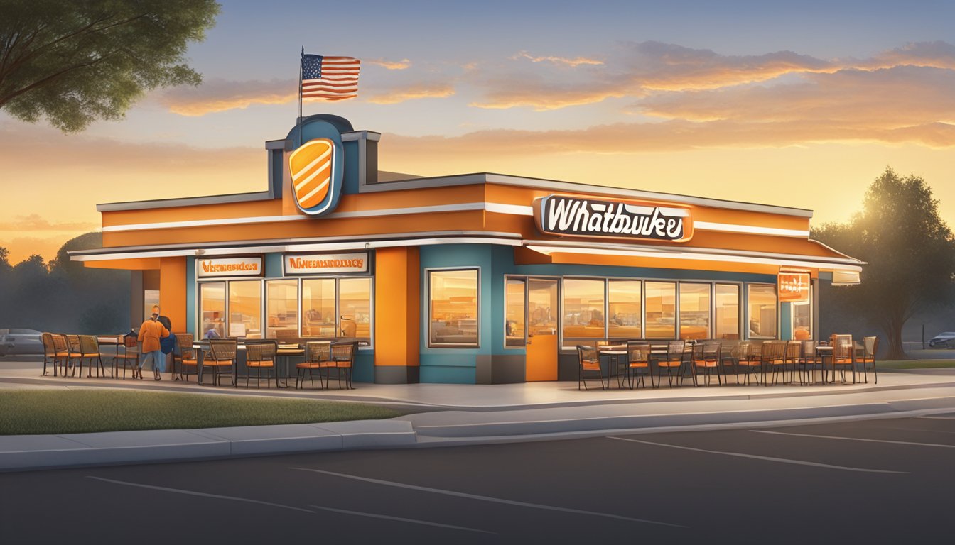 A sunrise over a Whataburger restaurant with a variety of breakfast items displayed on the menu board, while customers wait in line