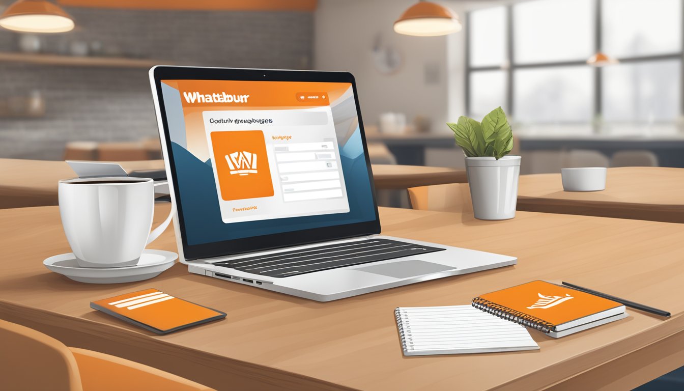 A computer screen displaying the Whataburger employee login page with a cup of coffee and a notepad nearby