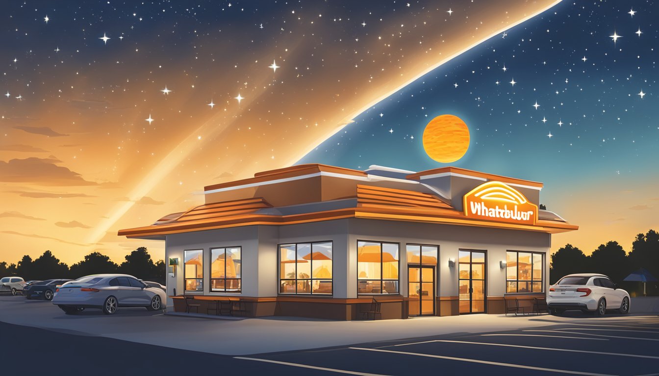 The sun rises behind a Whataburger restaurant, while stars twinkle in the dark sky above, indicating the early bird and night owl breakfast hours