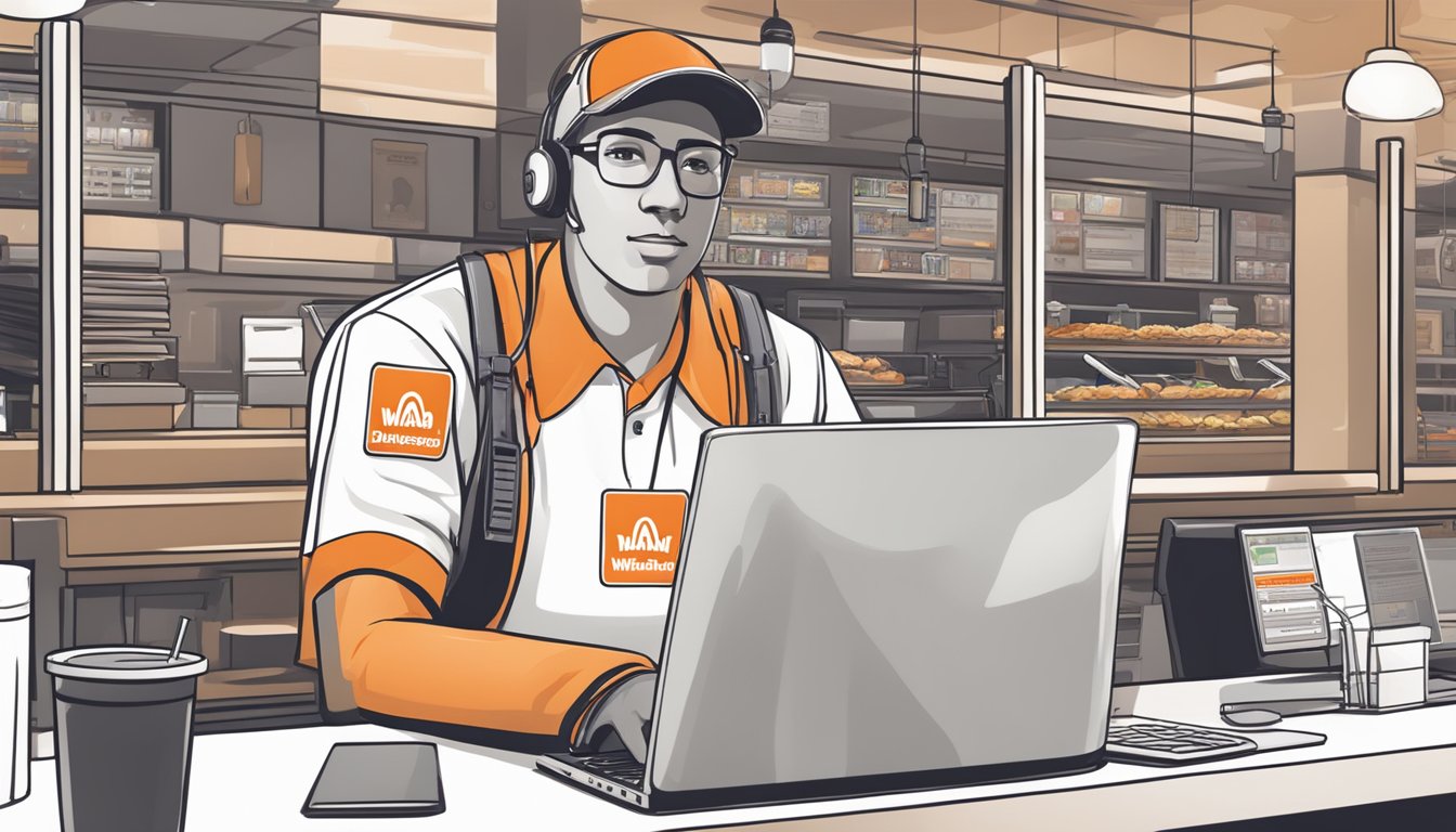 A Whataburger employee logging into the policy and compliance system on a computer at the restaurant