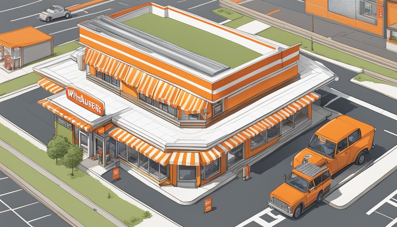 A bustling WhatABurger restaurant with a line of customers, a drive-thru, and the iconic orange and white striped building