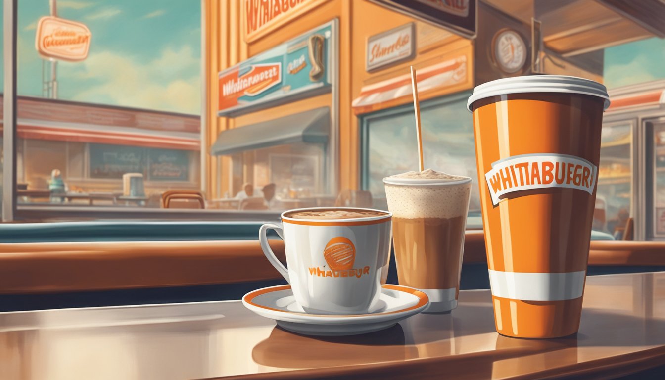 A steaming cup of Whataburger coffee sits on a vintage diner counter, surrounded by nostalgic memorabilia